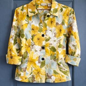 Floral Button Front Jacket Yellow Green Cotton Stretch Blazer XL